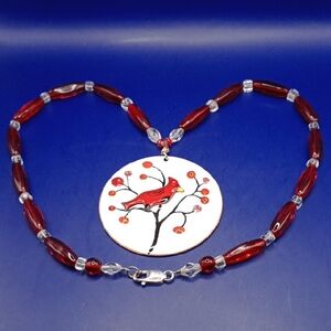 Cardinal Pendant Necklace with Red Beads